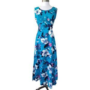 Vintage Royal Hawaiian Blue Floral Printed Maxi Dress Size Est XS Sleeveless